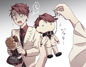 ... 1boy 1girl beatrice_(umineko) black_necktie chain character_doll collared_shirt constricted_pupils doll formal_clothes grey_background highres hswoimuxk0pwr0h_(bbdan) necktie red_hair red_shirt scared shirt short_hair standing suit sweatdrop translation_request umineko_no_naku_koro_ni ushiromiya_battler white_suit