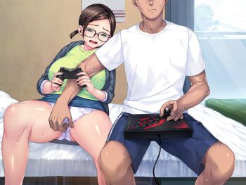 1boy 1girl akihara_shiho arcade_stick aroused bed bed_sheet bedroom blue_shorts blue_skirt bow bow_panties breasts brown_hair controller crew_neck curtains denim denim_skirt faceless faceless_male feet_out_of_frame fingering fingering_through_clothes fingering_through_panties forehead freckles furrowed_brow game_controller glasses gluteal_fold green_eyes green_shirt grey_hoodie half-closed_eyes head_out_of_frame head_tilt holding holding_controller hood hood_down hoodie huge_breasts indoors joystick knees light_blush low_twintails narrow_waist on_bed open_clothes open_hoodie open_mouth panties parted_bangs pencil_skirt pillow playing_games playing_video_games playstation_controller sexfri_osananajimi shirt short_hair short_sleeves short_twintails shorts sidelocks sitting skirt sleeves_pushed_up spread_legs sumeragi_kohaku sweat thick_thighs thighs through_clothes twintails underwear white_panties white_sheet white_shirt
