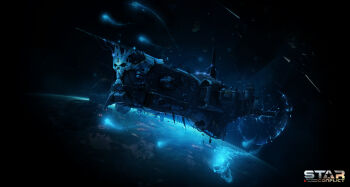 asteroid boulder cable damaged debris electricity energy epic flying frigate halloween highres landscape logo machinery mechanical military military_vehicle no_humans planet realistic rock scenery science_fiction skull sky space space_ship spacecraft spaceship star_(sky) star_conflict starry_sky vehicle_focus warship