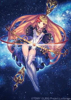 1girl blue_dress boots closed_mouth copyright_notice dress equinox_(wixoss) gloves heterochromia kutori_pan&#039;ya long_hair looking_at_viewer multicolored_hair official_art orange_eyes orange_hair red_hair sky smile solo space star_(sky) starry_sky streaked_hair very_long_hair white_background white_boots white_gloves wixoss yellow_eyes