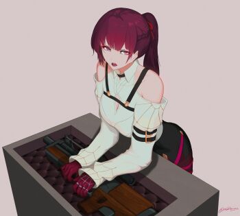 1girl absurdres arm_belt black_shorts braid bullpup cleavage_cutout clothing_cutout collared_shirt cosplay crown_braid english_text girls&#039;_frontline girls&#039;_frontline_2:_exilium gloves gun high-waist_shorts highres honkai:_star_rail honkai_(series) kafka_(honkai:_star_rail) kafka_(honkai:_star_rail)_(cosplay) long_hair long_sleeves makiatto_(girls&#039;_frontline_2) multiple_girls nishibuya open_mouth pink_background ponytail purple_gloves purple_hair rifle shirt shirt_tucked_in shorts shoulder_cutout signature simple_background sniper_rifle solo spider_web_print textless_version trait_connection wa2000_(girls&#039;_frontline) walther walther_wa_2000 weapon white_shirt