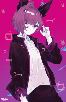 1boy absurdres animal_ears bandaid bandaid_on_cheek bandaid_on_face black_jacket closed_mouth commentary commentary_request cowboy_shot english_commentary hand_up highres indie_virtual_youtuber jacket kemonomimi_mode kurimako long_sleeves looking_at_viewer male_focus mixed-language_commentary open_clothes open_jacket parted_bangs pink_background purple_hair red_eyes shirt short_hair solo virtual_youtuber white_shirt yozora_mako