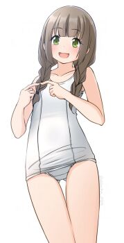 1girl blunt_bangs braid brown_hair commentary_request feet_out_of_frame fingerless_gloves flat_chest gloves gluteal_fold green_eyes low_twin_braids low_twintails old_school_swimsuit one-piece_swimsuit original school_swimsuit shibacha simple_background solo swimsuit thigh_gap twin_braids twintails white_background white_one-piece_swimsuit