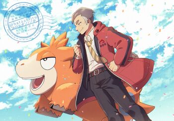 1boy batabiru belt belt_buckle black_jacket black_pants brown_belt buckle camerupt closed_mouth cloud cloudy_sky coat collared_shirt commentary_request confetti gen_3_pokemon grey_hair jacket kabu_(academy)_(pokemon) kabu_(pokemon) long_sleeves male_focus necktie nintendo official_alternate_costume open_clothes open_coat open_jacket pants pokemon pokemon_(creature) pokemon_masters_ex red_coat shirt short_hair sky smile white_shirt