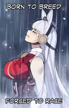 1girl blunt_bangs born_to_x_forced_to_y_(meme) bow chest_harness clenched_teeth closed_eyes commentary crying english_commentary english_text from_side gloves gold_ship_(red_strife)_(umamusume) gold_ship_(umamusume) harness highres hinghoi horse_girl long_hair meme rain red_bow red_shirt shirt sleeveless sleeveless_shirt solo tears teeth umamusume upper_body very_long_hair water wet white_gloves white_hair