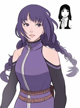 1girl absurdres boruto:_two_blue_vortex braid collared_shirt commentary detached_sleeves english_commentary grin highres inset kakei_sumire long_hair naruto_(series) necktie official_art_inset purple_eyes purple_hair shirt sideways_glance simple_background sleeveless sleeveless_shirt smile solo turtleneck twin_braids upper_body white_background xmonday_mintx zipper zipper_pull_tab