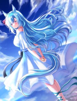 Rule 34 | 1girl, absurdres, animal ears, arms behind back, bare shoulders, blue hair, blue sky, blush, braid, breasts, closed mouth, cloud, commentary request, crown braid, dress, ear ornament, highres, holding, holding pocket watch, horse ears, horse girl, horse tail, kentan (kingtaiki), large breasts, long hair, mejiro ardan (umamusume), outdoors, pocket watch, purple eyes, sky, smile, solo, tail, umamusume, watch, water, white dress