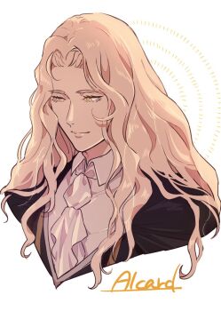 1boy alucard_(castlevania) ascot bishounen black_cape blonde_hair cape castlevania_(netflix) castlevania_(series) character_name closed_mouth collared_shirt light_smile long_hair male_focus ocomor3 parted_bangs portrait shirt solo upper_body vest waistcoat wavy_hair white_ascot white_background white_shirt yellow_eyes