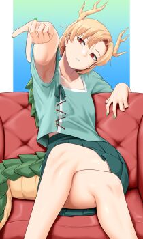 1girl absurdres antlers arm_up armpits baketsuya blonde_hair blue_shirt closed_mouth commentary couch crossed_legs dragon_girl dragon_horns dragon_tail earrings feet_out_of_frame fingernails flat_chest foreshortening gradient_background green_nails green_scales green_skirt green_tail head_tilt highres horns jewelry kicchou_yachie looking_at_viewer monster_girl nail_polish pleated_skirt red_eyes scales scarf shirt short_hair short_sleeves single_earring sitting skirt solo square_neckline stud_earrings tail touhou turtle_shell yellow_horns