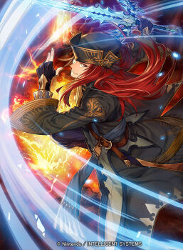 1boy commentary_request company_name fire_emblem fire_emblem:_the_sacred_stones fire_emblem_cipher hat holding holding_sword holding_weapon joshua_(fire_emblem) long_hair male_focus nintendo official_art p-nekor red_eyes red_hair solo sword weapon