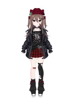 1girl alternate_costume animal_ear_headwear bandaid bandaid_on_cheek bandaid_on_face beanie black_choker black_jacket black_shirt black_socks blush bow_legwear broken_heart broken_heart_hair_ornament brown_hair chain chain_necklace choker collarbone commentary english_commentary evil_neuro-sama fake_animal_ears fang hair_between_eyes hair_ornament hair_ribbon hat heart highres jacket jewelry leather leather_jacket locket long_hair long_sleeves looking_at_viewer loose_socks lowkeyarki miniskirt necklace neuro-sama open_clothes open_jacket pendant plaid_clothes plaid_skirt pleated_skirt pocket puffy_long_sleeves puffy_sleeves red_eyes red_hat red_ribbon red_skirt reference_sheet ribbon shirt simple_background single_thighhigh skin_fang skirt skull_hair_ornament sleeve_belt sleeves_past_wrists socks solo split_mouth tachi-e thighhighs torn_clothes torn_shirt torn_thighhighs two_side_up v-shaped_eyebrows vedal_ai virtual_youtuber white_background