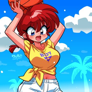 ball basketball_(object) blue_eyes braid cloud genderswap genderswap_(mtf) midriff open_mouth ranma-chan ranma_1/2 red_hair saotome_ranma shirt shorts single_braid tied_shirt white_shorts