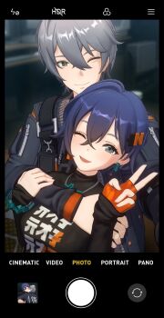 1boy 1girl 3d absurdres belle_(zenless_zone_zero) black_shirt blue_jacket breasts brother_and_sister brothers closed_mouth commentary crossed_bangs english_commentary english_text fake_phone_screenshot fake_screenshot hair_between_eyes hand_on_another&#039;s_head highres hug hug_from_behind incest jacket kiss kissing_neck long_sleeves looking_at_viewer medium_breasts multiple_views one_eye_closed open_mouth pastapaprika selfie shirt siblings sisters smile user_interface v wise_(zenless_zone_zero) zenless_zone_zero