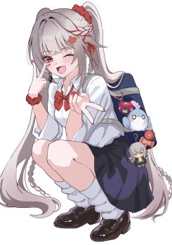 1girl alternate_costume bag bow cake_cat_(honkai:_star_rail) character_charm charm_(object) diamond_on_cheek facial_mark full_body gradient_hair gyaru hair_ornament hair_tie hairclip heart_on_cheek highres honkai:_star_rail honkai_(series) long_hair looking_at_viewer march_7th_(honkai:_star_rail) march_7th_(march_bird)_(honkai:_star_rail) multicolored_hair nail_polish oimo_imonium one_eye_closed pink_eyes shoes socks sparkle_(flower-viewing_dango)_(honkai:_star_rail) sparkle_(honkai:_star_rail) sparxie_(honkai:_star_rail) squatting stelle_(honkai:_star_rail) trailblazer_(honkai:_star_rail) twintails very_long_hair white_background white_hair