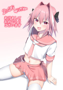 1boy 2026 astolfo_(fate) astolfo_(sailor_paladin)_(fate) black_bow blush bow bulge commentary_request crop_top crossdressing crossdressing_(mtf) erection erection_under_clothes fang fate/grand_order fate_(series) gradient_background hair_between_eyes hair_bow hair_intakes highres kitajima_yuuki long_hair looking_at_viewer male_focus midriff multicolored_hair navel neckerchief official_alternate_costume open_mouth panties partial_commentary pink_background pink_hair pink_neckerchief pink_sailor_collar pink_skirt sailor_collar school_uniform shirt skin_fang skirt solo streaked_hair thighhighs trap underwear white_hair white_panties white_shirt white_thighhighs