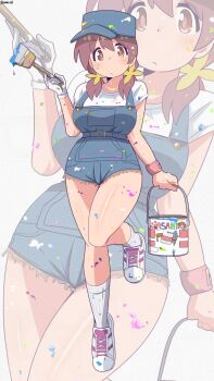 1girl :/ alternate_costume artist_name bambi2000line breasts brown_eyes brown_hair commentary cutoffs full_body gloves hat highres holding holding_paintbrush long_hair looking_at_viewer low_twintails medium_breasts multicolored_hair murosaki_miyo onii-chan_wa_oshimai! overall_shorts overalls paint_can paint_on_body paint_on_clothes paint_splatter paintbrush red_hair shirt shoes short_shorts short_sleeves shorts simple_background sneakers socks solo thighs twintails two-tone_hair white_background white_gloves white_shirt white_socks wristband zoom_layer