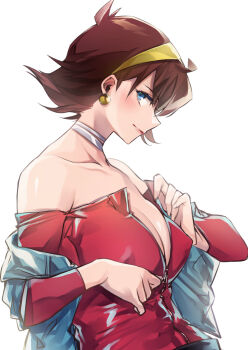 1girl bare_shoulders blue_eyes blush breasts brown_hair choker cleavage closed_mouth collarbone covered_erect_nipples earrings eyebrows_hidden_by_hair eyes_visible_through_hair female_focus g_gundam grey_choker gundam hair_between_eyes hairband head_down highres jacket jewelry large_breasts lips lipstick looking_at_viewer looking_to_the_side makeup medium_hair neck off_shoulder rain_mikamura red_lips short_hair simple_background smile solo unzipping white_background yellow_hairband yukibuster_z zipper