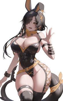 1girl adversarial_noise animal_ear_hairband animal_ears bandana belt black_hair black_leotard black_sclera black_thighhighs blonde_hair breasts colored_sclera commentary cowboy_shot crescent ear_piercing earrings facial_mark fake_animal_ears fins fish_tail hair_over_one_eye hairband hayan highleg highleg_leotard highres jewelry large_breasts legs_together leotard long_hair looking_at_viewer multicolored_hair nail_polish one_eye_covered open_mouth original piercing playboy_bunny rabbit_ear_hairband rabbit_ears shark_girl shark_tail sharp_teeth simple_background skindentation slit_pupils smile solo spikes standing streaked_hair stud_earrings symbol-only_commentary tail teeth thigh_strap thighhighs two-tone_hair very_long_fingernails white_background yellow_bandana yellow_belt yellow_eyes yellow_nails