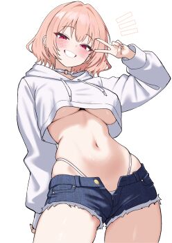1girl absurdres blue_shorts blush breasts choker commission covered_erect_nipples cowboy_shot crop_top crop_top_overhang cropped_hoodie cutoffs denim denim_shorts drawstring grin hand_up highleg highleg_panties highres hood hood_down hoodie large_breasts long_sleeves looking_at_viewer maplestory midriff navel notice_lines o-ring o-ring_choker oldsickkim open_fly panties pink_hair player_character_(maplestory) red_eyes second-party_source short_hair short_shorts shorts simple_background skindentation smile solo stomach string_panties underboob underwear v white_background white_choker white_hoodie white_panties