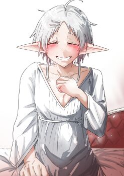 1girl absurdres ahoge blush breasts cleavage clenched_hand clenched_teeth closed_eyes collarbone couch dress elf ell_ura gradient_background grey_background hand_up highres husband_and_wives long_sleeves messy_hair mushoku_tensei on_couch parted_bangs pointy_ears sitting smile solo sylphiette_(mushoku_tensei) teeth white_dress white_hair