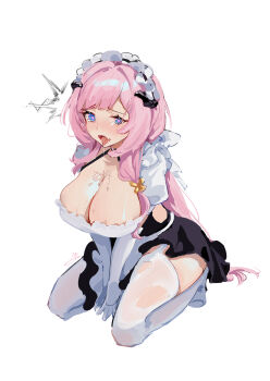 Rule 34 | 1girl, ^^^, absurdres, between legs, black dress, black ribbon, black shoes, bow, breasts, butterfly hair ornament, choker, cleavage, closed mouth, clothing cutout, commentary request, dress, elbow gloves, elf, elysia (honkai impact), elysia (miss pink) (honkai impact), elysia (miss pink elf) (honkai impact), from side, full body, garter straps, gloves, hair intakes, hair ornament, hair ribbon, hand between legs, heart, heart-shaped pupils, highres, honkai (series), honkai impact 3rd, horns, implied vibrator, keruitemonu, large breasts, long hair, looking at viewer, maid, maid headdress, mary janes, official alternate costume, pink hair, pointy ears, puffy short sleeves, puffy sleeves, purple eyes, ribbon, saliva, saliva on breasts, shoes, short dress, short sleeves, side cutout, simple background, sitting, skindentation, solo, symbol-shaped pupils, thighhighs, tongue, tongue out, v arms, very long hair, wariza, white background, white bow, white ribbon, white thighhighs