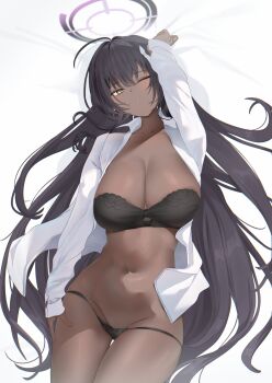 1girl absurdres ahoge arm_up black_bra black_hair black_panties blue_archive bra commentary_request dark-skinned_female dark_skin fishnet_pantyhose fishnets groin halo highres karin_(blue_archive) long_hair looking_at_viewer navel one_eye_closed open_clothes open_shirt panties pantyhose purple_halo pussy shirt solo strapless strapless_bra toge0toge0 underwear white_shirt