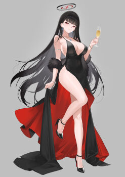 1girl alternate_costume ankle_strap bare_shoulders black_dress black_hair black_halo black_shoes blue_archive breasts bright_pupils cleavage closed_mouth commentary_request cup dress earrings full_body grey_background halo hand_up high_heels highres holding holding_cup isokaze12 jewelry large_breasts leg_up legs long_dress long_hair multicolored_dress multicolored_halo necklace pearl_necklace red_dress red_eyes ringed_eyes rio_(blue_archive) shoes simple_background sleeveless sleeveless_dress solo thighs two-tone_dress two-tone_halo very_long_hair white_pupils
