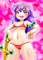 Rule 34 | 1girl, athena (series), bikini, blue eyes, breasts, cleavage, hand on own hip, heart, highres, large breasts, legs, long hair, navel, princess athena, purple hair, red bikini, smile, snk, solo, swimsuit, sword, thighs, underboob, weapon