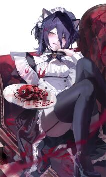absurdres animal_ears apron bell black_bow black_dress blood blush bow bowtie cat_ears chainsaw_man chair choker commentary_request dress frilled_dress frills garter_straps grenade_pin hair_between_eyes hair_bow highres licking_lips looking_at_viewer maid_apron maid_headdress organs pochita_(chainsaw_man) reze_(chainsaw_man) sitting thighhighs tokkieee_qian tongue tongue_out tray yellow_eyes