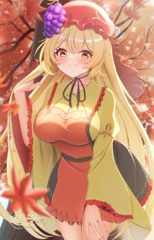 Rule 34 | 1girl, adjusting hair, aki minoriko, aki minoriko (symbol of overly abundant harvests), alternate hair length, alternate hairstyle, autumn leaves, bell, black ribbon, breasts, closed mouth, collarbone, commentary request, dress, falling leaves, frilled sleeves, frills, grape hat ornament, hand up, hat, highres, hyakuya iori, large breasts, leaf, long hair, long sleeves, looking at viewer, mob cap, nail polish, neck bell, orange nails, outdoors, red dress, red hat, ribbon, shirt, signature, smile, solo, standing, touhou, touhou lostword, tree, twitter username, wide sleeves, yellow eyes, yellow shirt