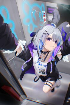 1girl amane_kanata amane_kanata_(cutesy_punk) angel_wings arms_up black_choker black_jacket black_shorts blue_halo character_print choker closed_mouth colored_inner_hair crossed_bangs edge_ill elevator full_body graffiti grey_hair hair_between_eyes hair_ornament halo hashtag-only_commentary highres hololive jacket looking_at_viewer medium_hair mirror multicolored_hair official_alternate_costume official_alternate_hairstyle open_clothes open_jacket parted_bangs print_shirt purple_eyes self_character_print shirt shorts smile solo standing star_halo virtual_youtuber white_shirt wings x_hair_ornament