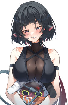 1girl 1other absurdres animal_ears arm_strap bandana bandana_around_neck bangboo_(zenless_zone_zero) bare_shoulders black_hair black_shirt blue_eyes blush bodystocking breasts commentary_request ear_piercing eous_(zenless_zone_zero) grin hair_intakes head_tilt heart highres jane_doe_(zenless_zone_zero) kimae large_breasts lipstick_mark lipstick_mark_on_forehead long_hair long_tail looking_at_another looking_down mouse_ears mouse_girl mouse_tail multicolored_hair orange_bandana parted_lips piercing red_hair see-through_clothes sharp_tail shirt simple_background sleeveless sleeveless_shirt smile sweatdrop tail upper_body white_background zenless_zone_zero
