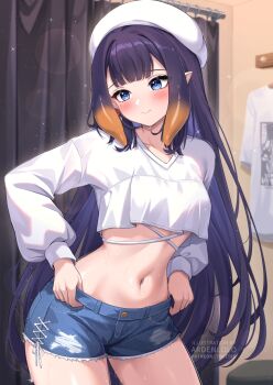 1girl adjusting_clothes adjusting_shorts ardenlolo beret blue_eyes blue_shorts blush center-flap_bangs closed_mouth commentary commentary_request cowboy_shot crop_top crop_top_overhang denim denim_shorts english_commentary frayed_shorts gradient_hair hat highres hololive hololive_english indoors long_hair long_sleeves midriff mixed-language_commentary mole mole_under_eye multicolored_hair navel ninomae_ina&#039;nis official_alternate_costume orange_hair paid_reward_available pointy_ears puffy_long_sleeves puffy_sleeves purple_hair shirt short_shorts shorts sidelocks solo straight_hair tentacle_hair v-neck very_long_hair virtual_youtuber white_hat white_shirt