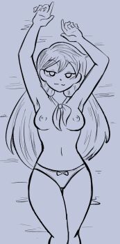 1girl :3 arms_up bed bed_sheet blush bow bow_panties breasts highres long_hair looking_at_viewer mari_(omori) medium_breasts monochrome navel neckerchief nipples non-web_source nude omori on_bed panties red_neckerchief rivrider sketch smile solo topless_female underwear