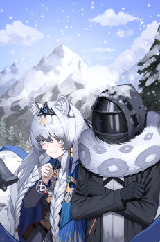 Rule 34 | 1girl, 1other, absurdres, animal ears, arknights, black gloves, black jacket, braid, bright pupils, commentary, doctor (arknights), english commentary, gloves, grey eyes, grey hair, highres, hood, hood up, hooded jacket, jacket, kimsuwan2013, leopard ears, leopard tail, long hair, mountain, pramanix (arknights), smile, snow, tail, tail around neck, twin braids