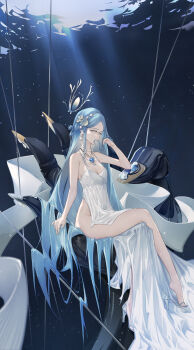 1girl absurdres azur_lane bare_shoulders blue_eyes blue_hair breasts champagne_(adulation_eternal)_(azur_lane) champagne_(azur_lane) chinese_commentary cleavage closed_mouth commentary_request dress earrings evening_gown from_side hair_in_own_mouth halter_dress halterneck heart-shaped_gem highres jewelry long_hair looking_at_viewer necklace official_alternate_costume pearl_earrings pearl_hair_ornament pearl_necklace puppet_strings sleeveless sleeveless_dress small_breasts underwater very_long_hair white_dress zy563255718