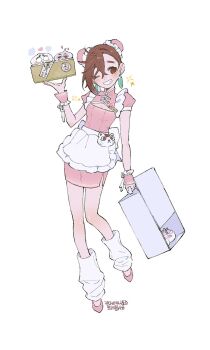 Rule 34 | 1girl, apron, ayase momo, breasts, brown eyes, brown hair, bun cover, character charm, character name, charm (object), china dress, chinese clothes, cleavage, cleavage cutout, clenched teeth, clothing cutout, comimingming, commentary request, crossed bangs, dandadan, double bun, dress, earrings, evil eye (dandadan), food, full body, hair between eyes, hair bun, highres, jewelry, korean commentary, korean text, looking at viewer, loose socks, medium breasts, name tag, one eye closed, pink dress, pink shoes, pink wrist cuffs, puffy short sleeves, puffy sleeves, round eyewear, shoes, short sleeves, single sidelock, smile, socks, solo, sparkle, standing, steamed bun, takakura ken (dandadan), takakura ken (transformed) (dandadan), teeth, turbo granny (dandadan), updo, waist apron, white apron, white background, white socks, wrist cuffs