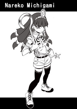 1girl absurdres ayana_mizuki belt blunt_bangs character_name closed_mouth commentary_request crop_top earrings expressionless full_body greyscale headpiece highres holding holding_staff jewelry key_earrings long_hair looking_at_viewer michigami_nareko midriff monochrome navel shirt shoes sleeveless sleeveless_shirt solo staff thighhighs torn_clothes torn_shirt touhou usekh_collar