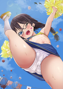 :d absurdres black_hair blue_eyes blue_skirt blue_sky cheerleader clothes_lift crop_top flat_chest from_below glasses highres leg_lift loli nipples one_eye_closed open_mouth original panties pom_pom_(cheerleading) shirt_lift skirt sky smile string_of_flags twintails underwear upskirt white_panties yappariga
