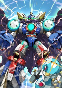 Rule 34 | absurdres, armor, artist name, black cape, blue armor, cape, clenched hands, digimon, digimon (creature), espimon, evolutionary line, glowing, glowing eyes, green eyes, highres, humanoid robot, invisimon, mecha, robot, sawa d, solo focus, twitter username