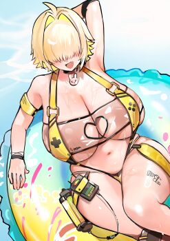 1girl absurdres ahoge blonde_hair breasts cleavage clothing_cutout commentary curvy elegg_(boom_and_shock)_(nikke) elegg_(nikke) fang game_controller_print goddess_of_victory:_nikke hair_intakes hair_over_eyes heart_cutout highres huge_breasts innertube official_alternate_costume open_mouth plump rabbit_choker see-through_slingshot_swimsuit short_hair slingshot_swimsuit smile solo susuri swim_ring swimsuit thick_thighs thighs yellow_slingshot_swimsuit