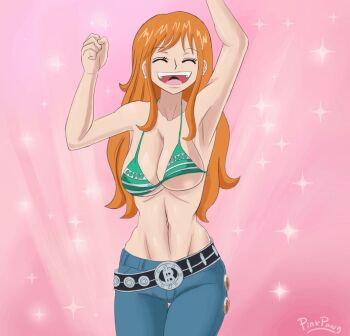 1girl animated animated_gif armpits arms_up artist_name bad_id bad_pixiv_id bangle belt bikini bikini_top_only bouncing_breasts bracelet breasts closed_eyes collarbone dancing denim earrings green_bikini happy jeans jewelry large_breasts linea_alba long_hair loose_belt nami_(one_piece) nami_(one_piece)_(return_to_sabaody) navel official_alternate_costume one_piece open_mouth orange_hair pants pink_background pinkpawg smile sparks striped_bikini striped_clothes swimsuit teeth tongue upper_teeth_only