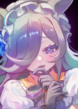 1girl animal_ears black_bow black_gloves blush bow brown_hair commentary english_commentary fangs flipped_hair frilled_hairband frills gloves hair_over_one_eye hairband halloween halloween_costume highres horse_ears horse_girl long_hair looking_at_viewer official_alternate_costume open_mouth puffy_short_sleeves puffy_sleeves purple_eyes rice_shower_(umamusume) rice_shower_(vampire_makeover!)_(umamusume) shirt short_sleeves solo tehnyo umamusume upper_body white_shirt