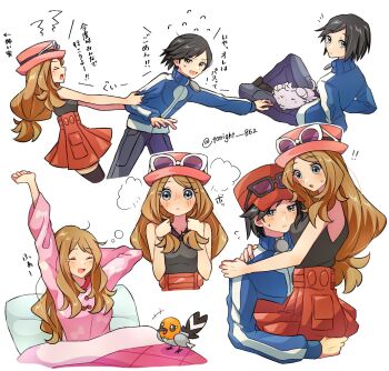 1boy 1girl alternate_costume black_hair black_shirt blonde_hair blue_jacket blush newsboy_cap calem_(pokemon) carrying carrying_person closed_eyes closed_mouth commentary_request espurr fletchling gen_6_pokemon grey_eyes grey_pants hat highres jacket long_hair long_sleeves looking_at_another nintendo on_bed open_mouth pajamas pants pillow pink_hat pink_pajamas pokemon pokemon_(creature) pokemon_xy rain_(tonight_862) red_hat red_skirt serena_(pokemon) shirt short_hair sitting skirt sleeveless sleeveless_shirt tearing_up track_jacket translation_request twitter_username