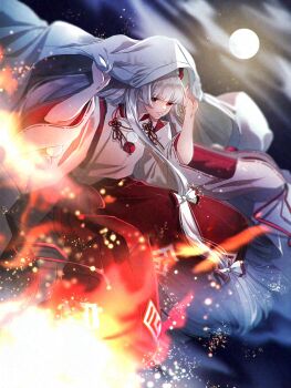 1girl absurdly_long_hair arms_up bow commentary_request detached_sleeves fujiwara_no_mokou full_moon grey_hair hair_bow hakama hakama_pants highres japanese_clothes kariginu long_hair long_sidelocks mokoiscat moon multiple_hair_bows night night_sky pants pom_pom_(clothes) red_bow red_eyes red_hakama ribbon-trimmed_sleeves ribbon_trim sidelocks sky solo touhou very_long_hair white_bow white_sleeves