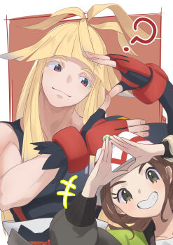 +++ 1boy 1girl ? arched_bangs arms_up black_shirt blonde_hair brown_background brown_eyes brown_hair closed_mouth colored_eyelashes commentary_request fingerless_gloves gloves grin harmony_(pokemon) hat highres ivor_(pokemon) jacket kikudzuki_(muucha) long_hair looking_at_viewer nintendo pokemon pokemon_legends:_z-a red_gloves shirt sleeveless sleeveless_shirt smile teeth white_hat
