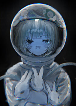 1girl absurdres animal bandaid bandaid_on_face bandaid_on_nose black_background closed_mouth crossed_bandaids hayu_(hayu0305) helmet heterochromia highres holding holding_animal holding_rabbit looking_at_viewer original rabbit solo space space_helmet spacesuit straight-on upper_body