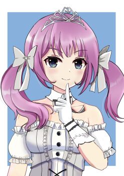 1girl arm_at_side assault_lily bare_shoulders black_bow black_bowtie blue_background blue_eyes blush border bow bowtie buttons closed_mouth collarbone detached_collar detached_sleeves ekakisyun finger_to_own_chin frilled_shirt frilled_sleeves frills gloves grey_bow grey_shirt hair_bow hand_up hashtag-only_commentary highres long_hair looking_at_viewer official_alternate_costume outside_border pink_hair sadamori_himeka shirt short_sleeves simple_background smile solo strapless strapless_shirt tiara twintails two-tone_shirt upper_body white_border white_gloves white_shirt