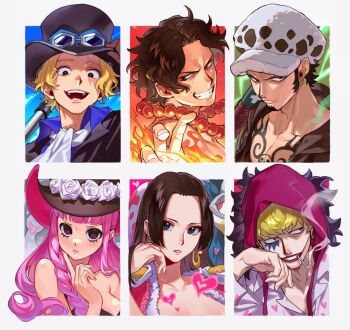 2girls 4boys asymmetrical_hair bare_shoulders bead_necklace beads beard black_dress black_hair black_headwear blonde_hair blue_eyes blue_shirt blush boa_hancock braid brown_eyes brown_hair brown_jacket chart chest_tattoo cigarette closed_mouth collared_shirt donquixote_rocinante dress dress_shirt ear_piercing earrings expressionless eyelashes facepaint facial_hair feather_trim finger_to_own_chin fire flower forehead freckles frown fur_hat fur_trim ghost glaring glasgow_smile goatee goggles goggles_on_headwear grin hand_in_own_hair hand_on_headwear hat hat_flower heart heart_print highres hood hood_up hooded_jacket jacket jewelry lips lipstick long_hair looking_at_viewer looking_to_the_side makeup mouth_hold multiple_boys multiple_girls nail_polish neckerchief necklace off-shoulder_dress off_shoulder one_piece open_clothes open_jacket open_mouth panels parted_bangs parted_lips perona piercing pink_dress pink_hair pink_nails polearm portgas_d._ace purple_eyes purple_shirt qin_(7833198) red_lips rose sabo_(one_piece) salome_(one_piece) scar scar_on_face shirt short_hair side_braid sideburns sidelocks single_braid smile smoke smoking snake_earrings straight_hair tattoo teeth top_hat trafalgar_law tsurime v-shaped_eyebrows weapon white_flower white_headwear white_neckerchief white_rose wing_collar