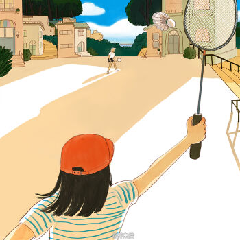 2girls arm_up badminton baseball_cap black_hair black_shorts building chinese_commentary cloud commentary_request day hat holding_badminton_racket jiemoxia medium_hair multiple_girls original outdoors playing_sports railing red_hat scenery shadow shirt shoes short_sleeves shorts shuttlecock sky stairs standing t-shirt tree white_hat white_shirt white_shoes